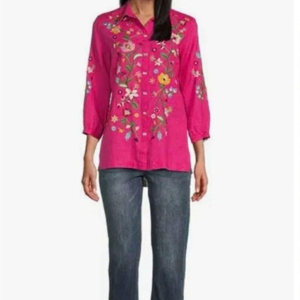 John Mark Embroidered Floral Linen Shirt 3/4 Sleeve Pink Multi Spring Summer New - Picture 3 of 12